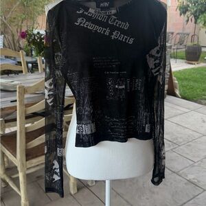 Trendy Black Graphic Long Sleeve Top